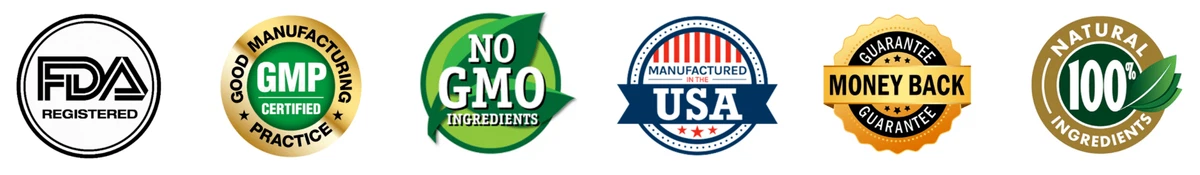 Brain C-13 certification badges showing FDA registered, GMP certified, non-GMO, made in the USA, money-back guarantee, and 100% natural ingredients