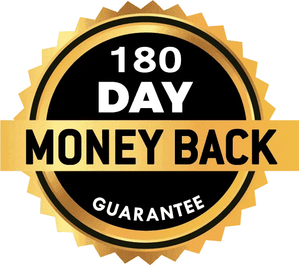 Gold and black 180-day money-back guarantee badge for Brain C-13 supplement